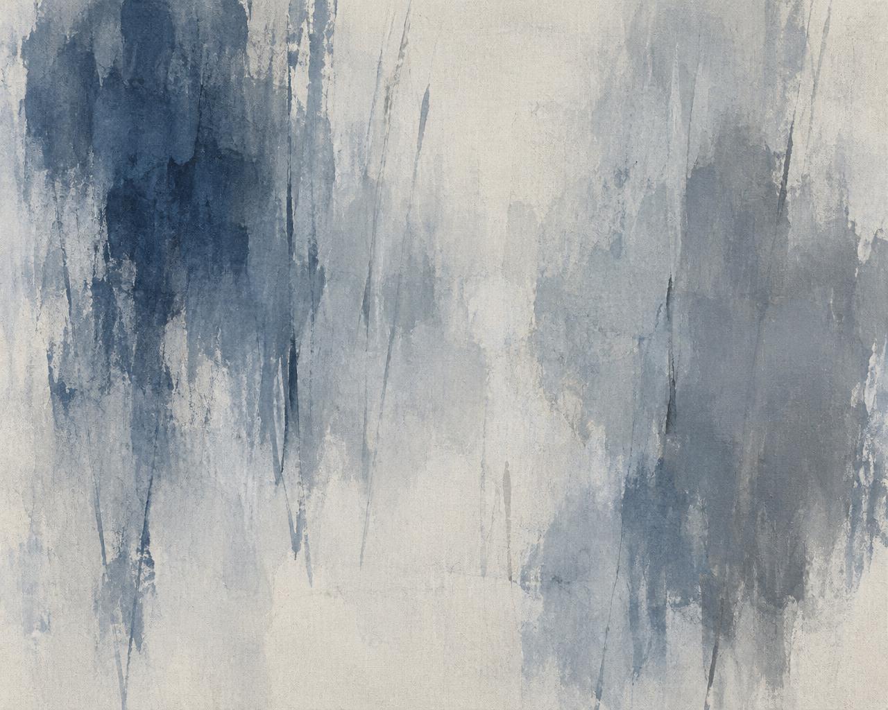 Abstract painting: pale indigo and grey washes over a bone canvas.
