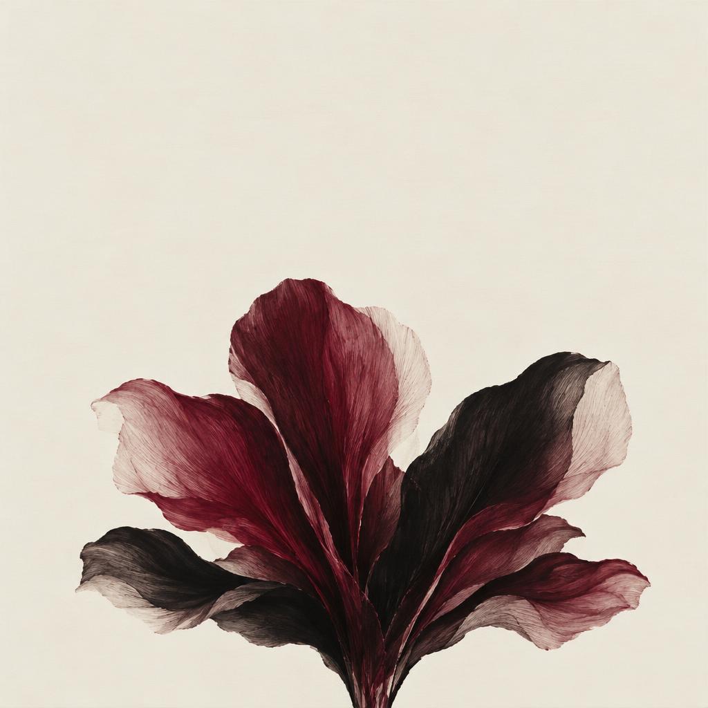 Abstract painting: dark petal-like forms low on a pale ivory canvas.