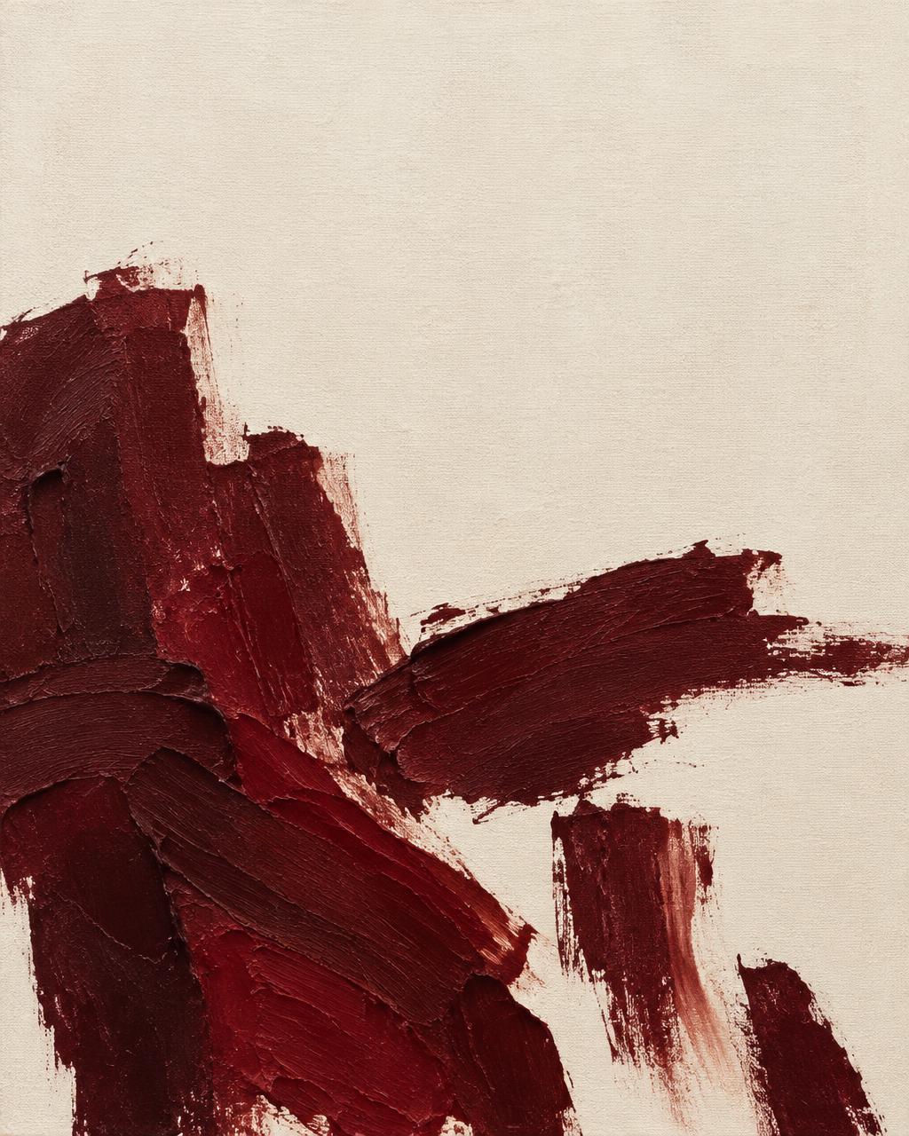 Abstract painting: burgundy brushstrokes across a warm ivory canvas.